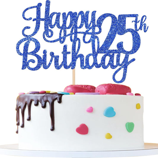 1 PCS Happy 25th Birthday Cake Topper Glitter Cheers to 25 Years Birthday Cake Pick Twenty Five 25 Fabulous Cake Decoration for Happy 25th Birthday Theme Party Decorations Supplies Blue