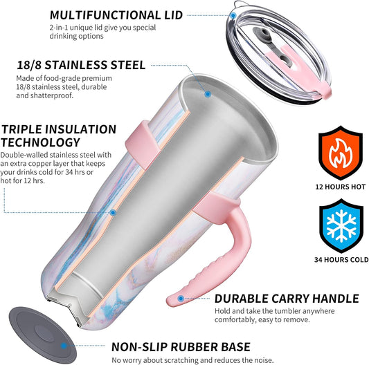 THILY Stainless Steel Vacuum Insulated Tumbler 40 oz Coffee Travel Mug with Handle and Lid, Sweat Proof, Keep Drinks Cold for 34 Hours or Hot for 12 Hours, Pink Ripple