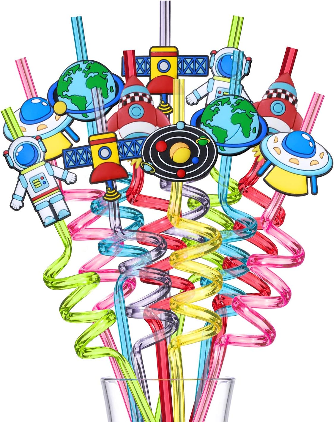 Outer Space Straws Party Favors for Theme Birthday Party Supplies with 2 Cleaning Brush | Solar System Rocket Spaceship Astronaut Satellite Planet Attachments (24+2)