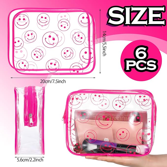 Cunno 6 Pcs Makeup Bags Gifts for Women Preppy Boho Smile Face Flamingo Clear Makeup Bags Cosmetic Transparent PVC Travel Toiletry Organizer for Birthday Party Favor(Smile Style)