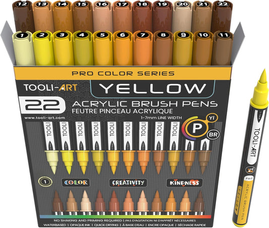 22 Flexible Brush Tip Acrylic Paint Pens Markers Set 1-7mm Line for Rock Painting, Brush Lettering, Glass, Mugs, Wood, Metal, Canvas, Fabric, Plastic. Non Toxic Waterbased Quick Drying Assorted Yellow