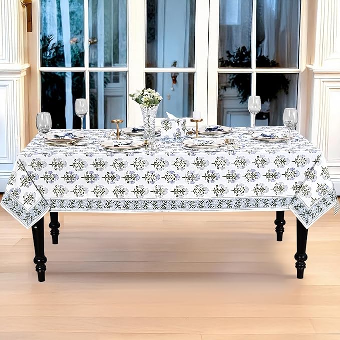 Ridhi Hand Block Print Mughal Buta Blue Square Cotton Tablecloth 60" x 60" Reusable Table Cover Decorative Everyday Use for Dining, Farmhouse, Home Gift for Spring, Easter, Valentine