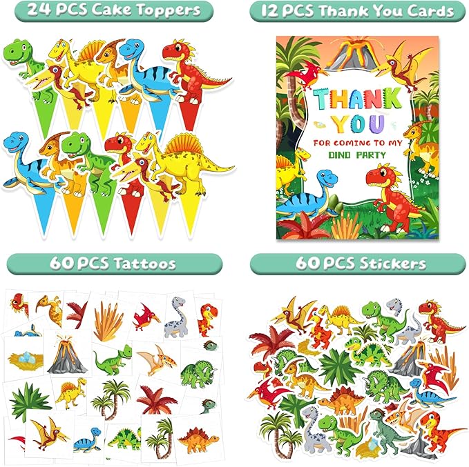 12 Pack Dinosaur Birthday Party Favors Decorations Supplies for Kids, Dino Theme Goodie Bags Fillers with Silicone Fidget Stretch Toys, 3D Dino Boxes, Bubble Wands, Hats, Slap Bracelets, Stickers