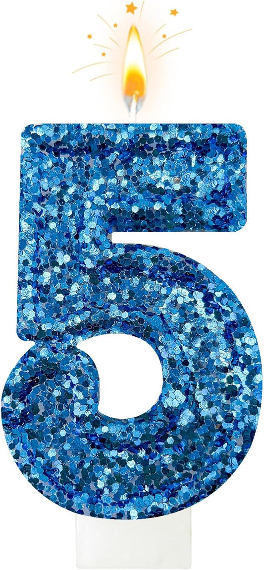 Zailo Birthday Number Candles, Glitter Number Candle Cake Decorations with Sequins, Cupcake Decorations for Girls, Women, Party Anniversary Celebrations (Number 5, Blue)