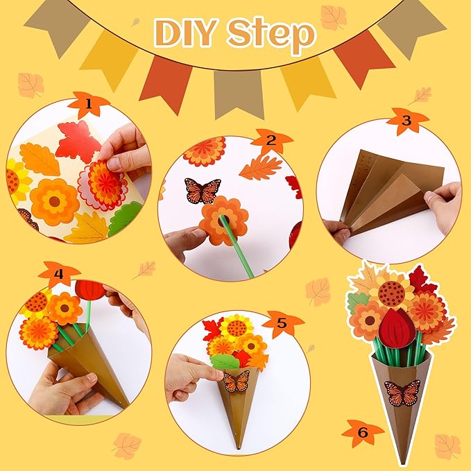 FULAIERGD 32 Set Fall Paper Flower Crafts DIY Autumn Thanksgiving Flower Bouquet Craft Kit-Make Your Own Thankful Florals for Party School Teacher Appreciation Week Thanksgiving Gift