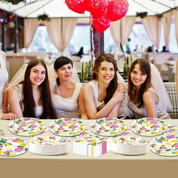 OBUSATT 96Pcs Pink Lemon Party Supplies Lemon Paper Plates Napkins Lemons Summer Party Decorations Pink Lemonade Dinnerware Party Favor Birthday Party Picnic HomeTableware Serves 24