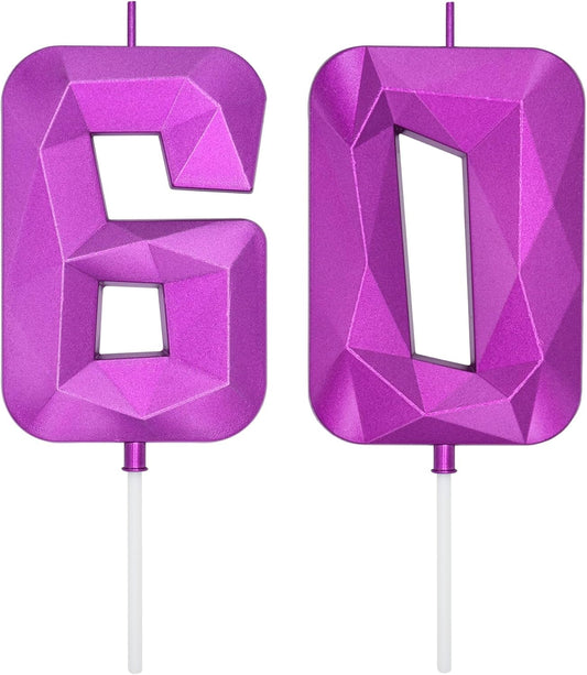 DERVENTA Large Birthday Candle Number 3D Purple 3.7 inch Party Celebration Anniversary Decoration Cake Topper 1 Piece (Number 60 Purple)
