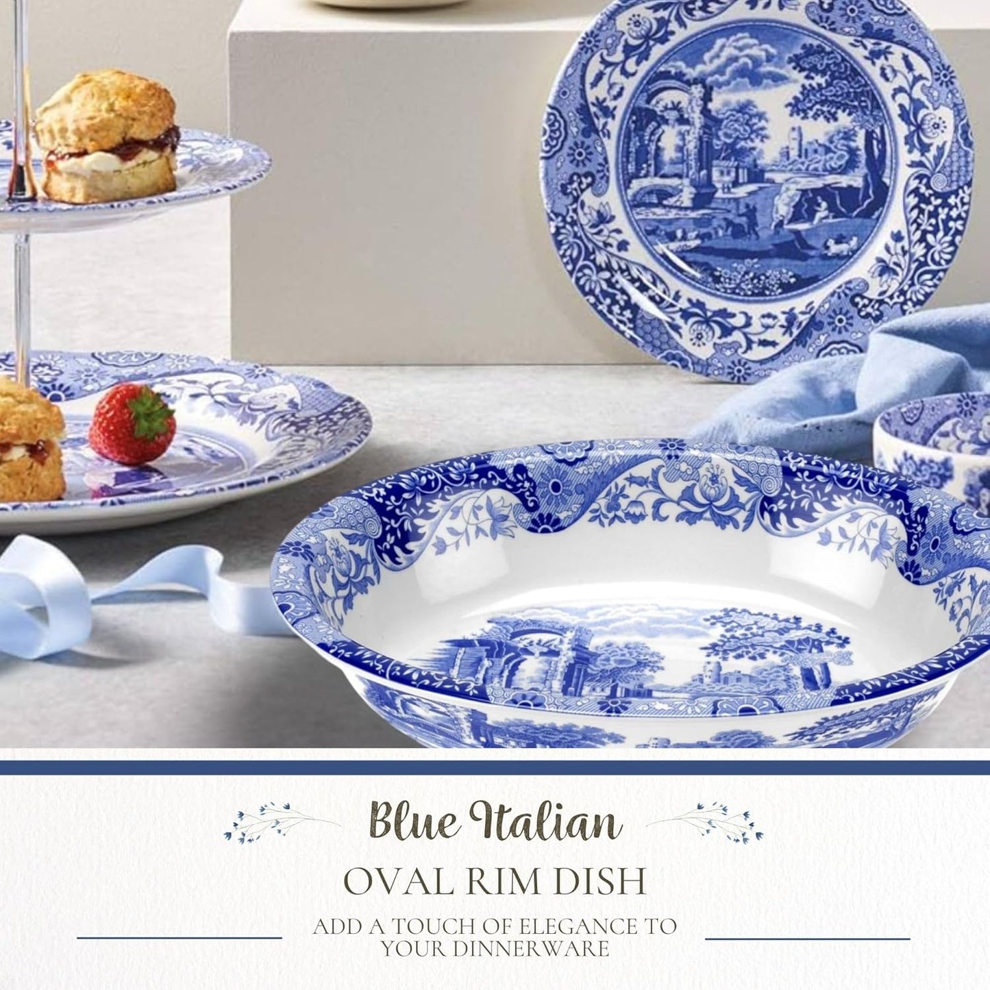 Spode Blue Italian Oval Rim Platter - 12.5" x 8.75" Porcelain Serving Platter with Intricate Scroll Border & Countryside Scene - Elegant Tableware for Entertaining, Dining Displays, Gifting
