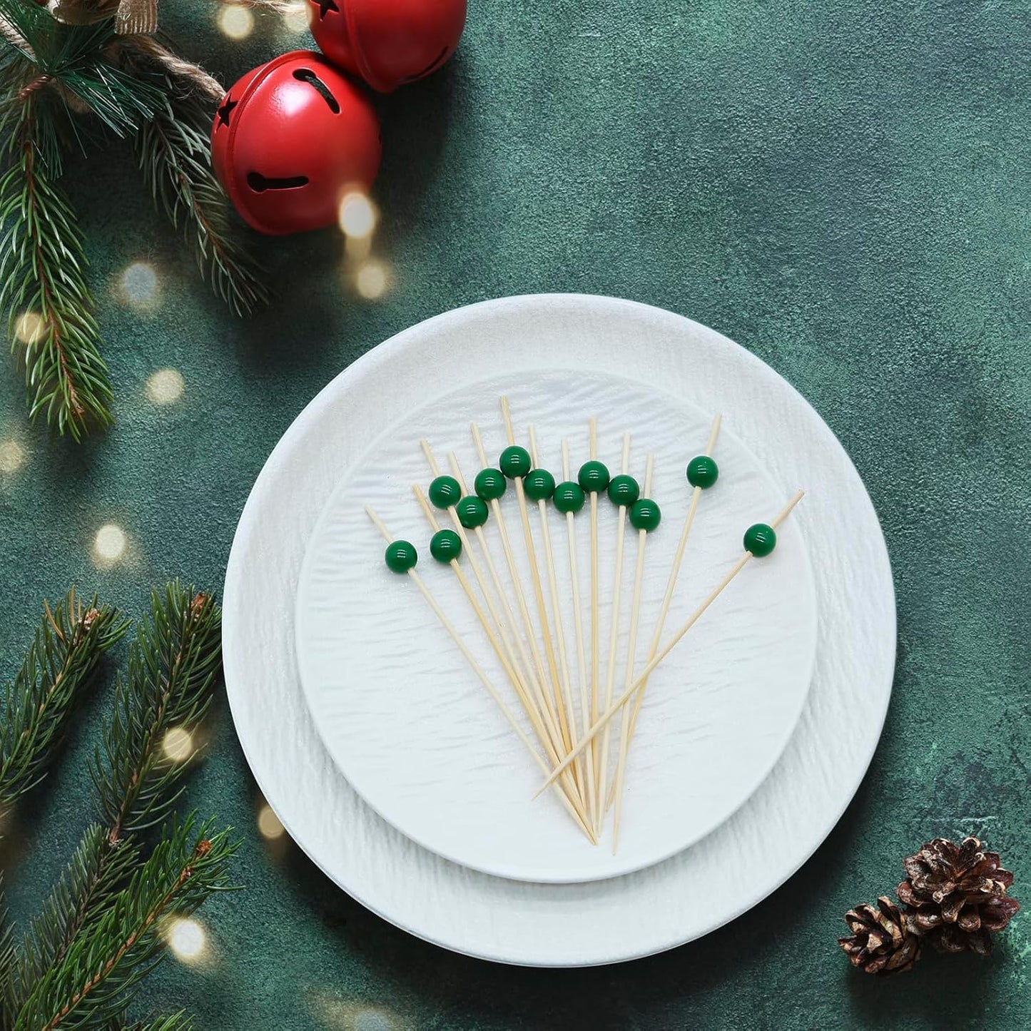 Minisland Dark Green Pearl Cocktail Picks, 4.7 Inch Long Bamboo Fancy Toothpicks for Appetizers, Decorative Christmas Holiday Party Food Drink Garnish Fruit Kabob Skewer Sticks 100 Counts - MSL452