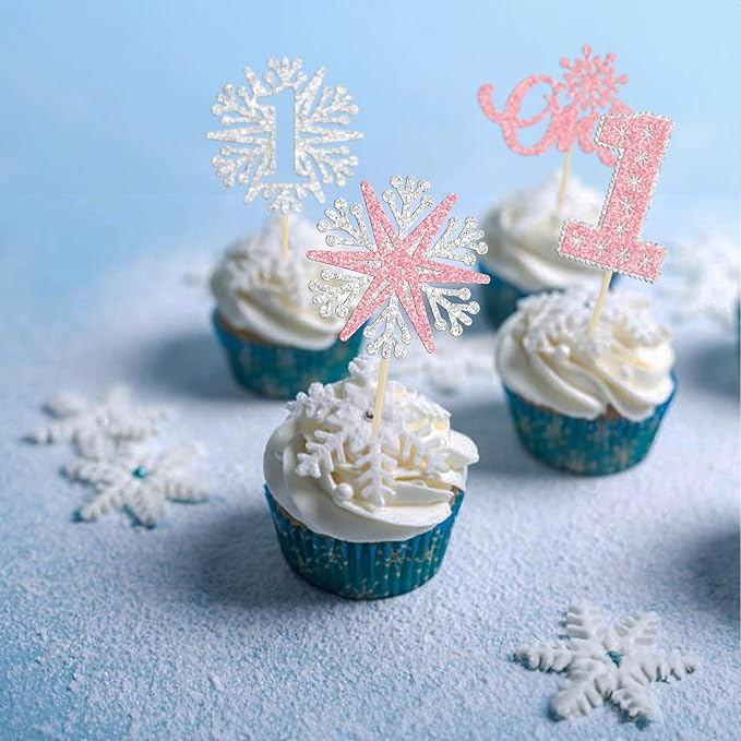 24Pcs Snowflake One Cupcake Toppers Pink Glitter Winter Snowflake 1st Birthday Cupcake Picks First Birthday Cake Decorations for Winter Wonderland Kids 1st Birthday Party Supplies