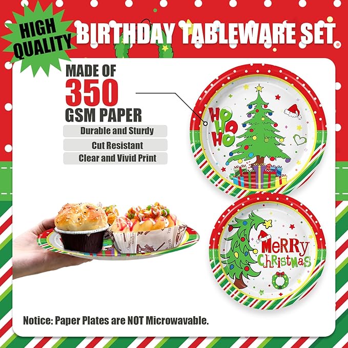 168Pcs Christmas Party Supplies Green Red Christmas Plates and Napkins Tableware Sets for Xmas Party Decorations Serves 24 Guests