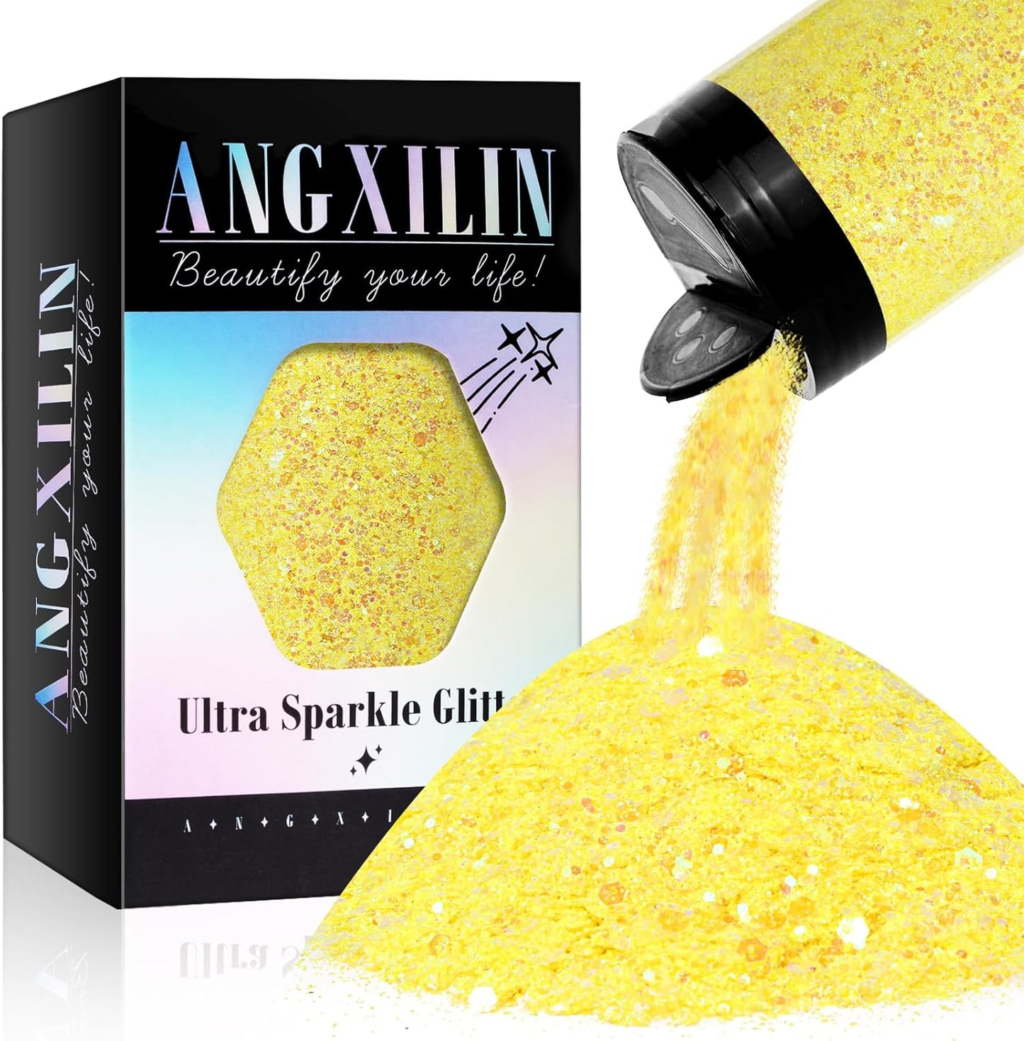Holographic Chunky Glitter, 190g/6.7oz Chunky and Fine Mixed Craft Glitter, Bulk Laser Sequin Glitter for Face Body Nail Art,Epoxy Resin Tumbler Jewelry Making Glitter (IRI Lemon Yellow)
