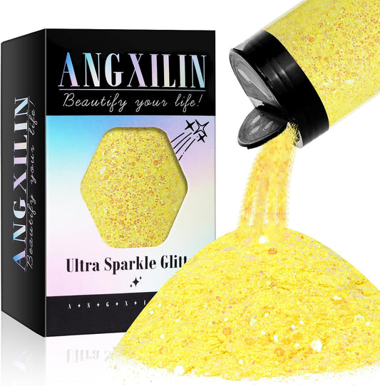 Holographic Chunky Glitter, 190g/6.7oz Chunky and Fine Mixed Craft Glitter, Bulk Laser Sequin Glitter for Face Body Nail Art,Epoxy Resin Tumbler Jewelry Making Glitter (IRI Lemon Yellow)
