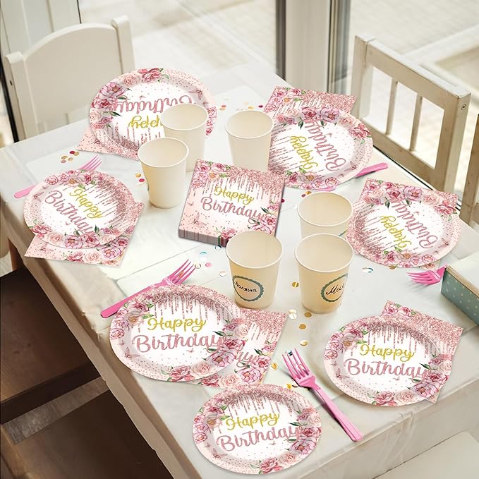 96Pcs Happy Birthday Party Supplies Floral Birthday Paper Plates Napkins Rose Gold Flower Birthday Party Decorations for Girls Women Floral Dinnerware Party Favor Spring Tea Tableware Serves 24
