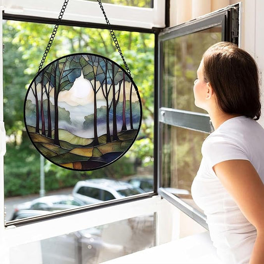 Stained Glass Window Hanging, Green Brown Smoke Forest Moon Suncatcher for Doors Window Home Tree Sun Catchers Decor Mother's Day Birthday Gifts for Women, Men Mom 15 in
