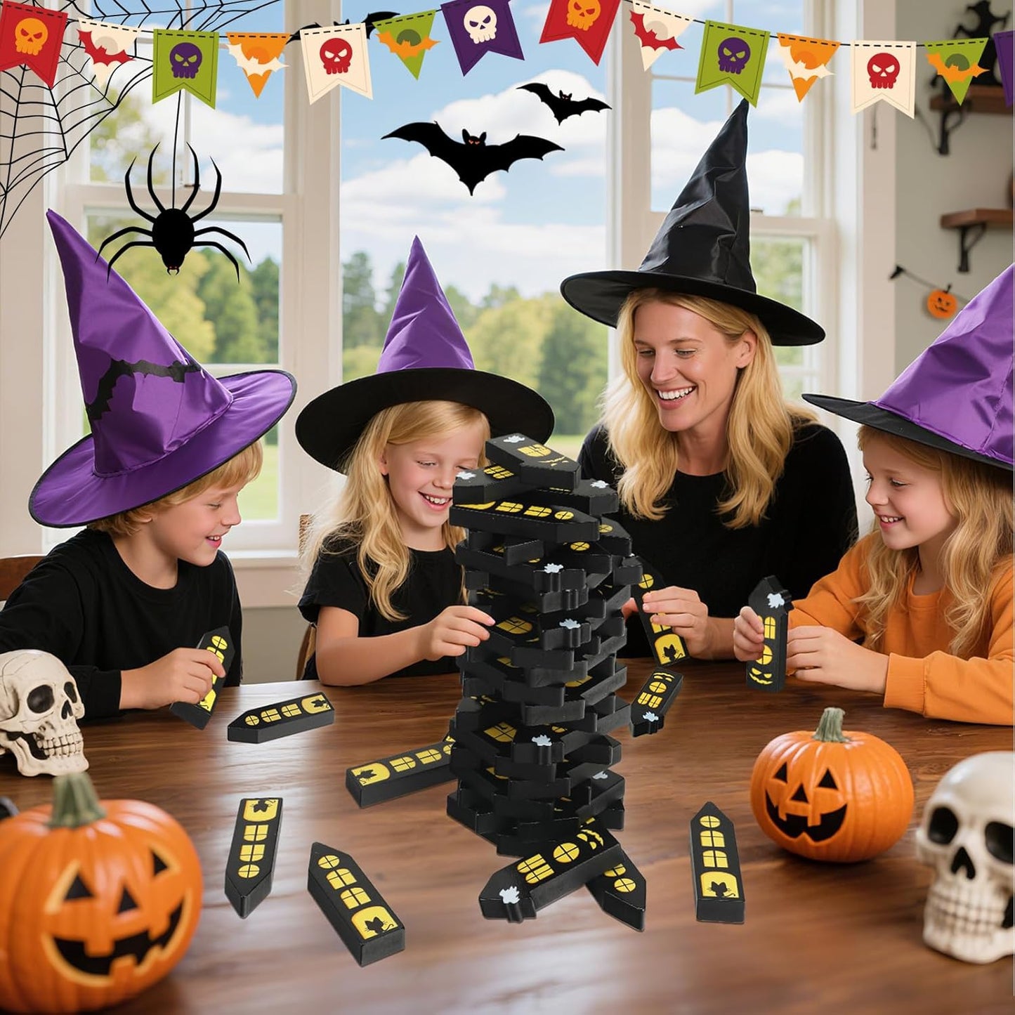 Halloween Wooden Blocks Stacking Games, Haunted Castle Theme Tumbling Tower and Balance Game for Adults, Kids, and Family Party, Stacking Board Toy with Storage Bag, Halloween Party Activities Gifts