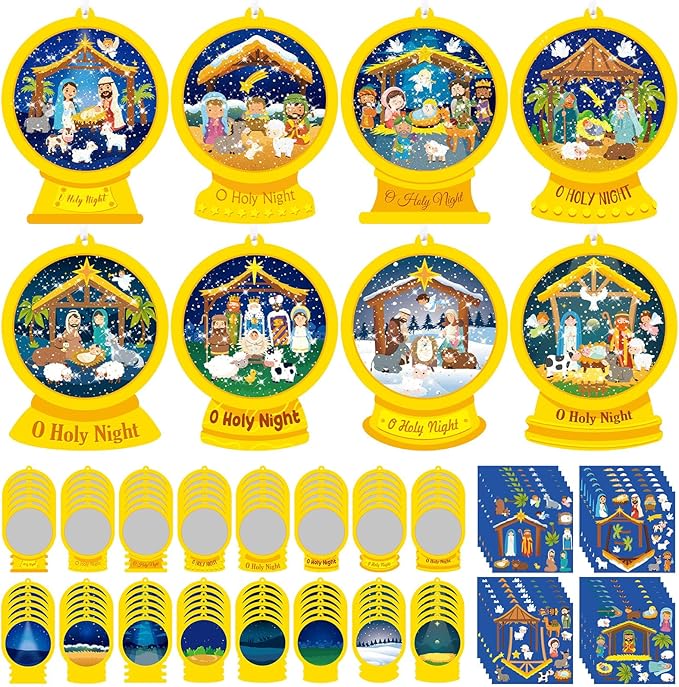 Frienda 48 Set Christmas Shaking Nativity Snow Globe Craft Kit Make a Jesus Birth Snowglobe Stickers Ornament Bulk with Glitter Sequins Papers for Xmas Tree Decor Religious Classroom Game Activities
