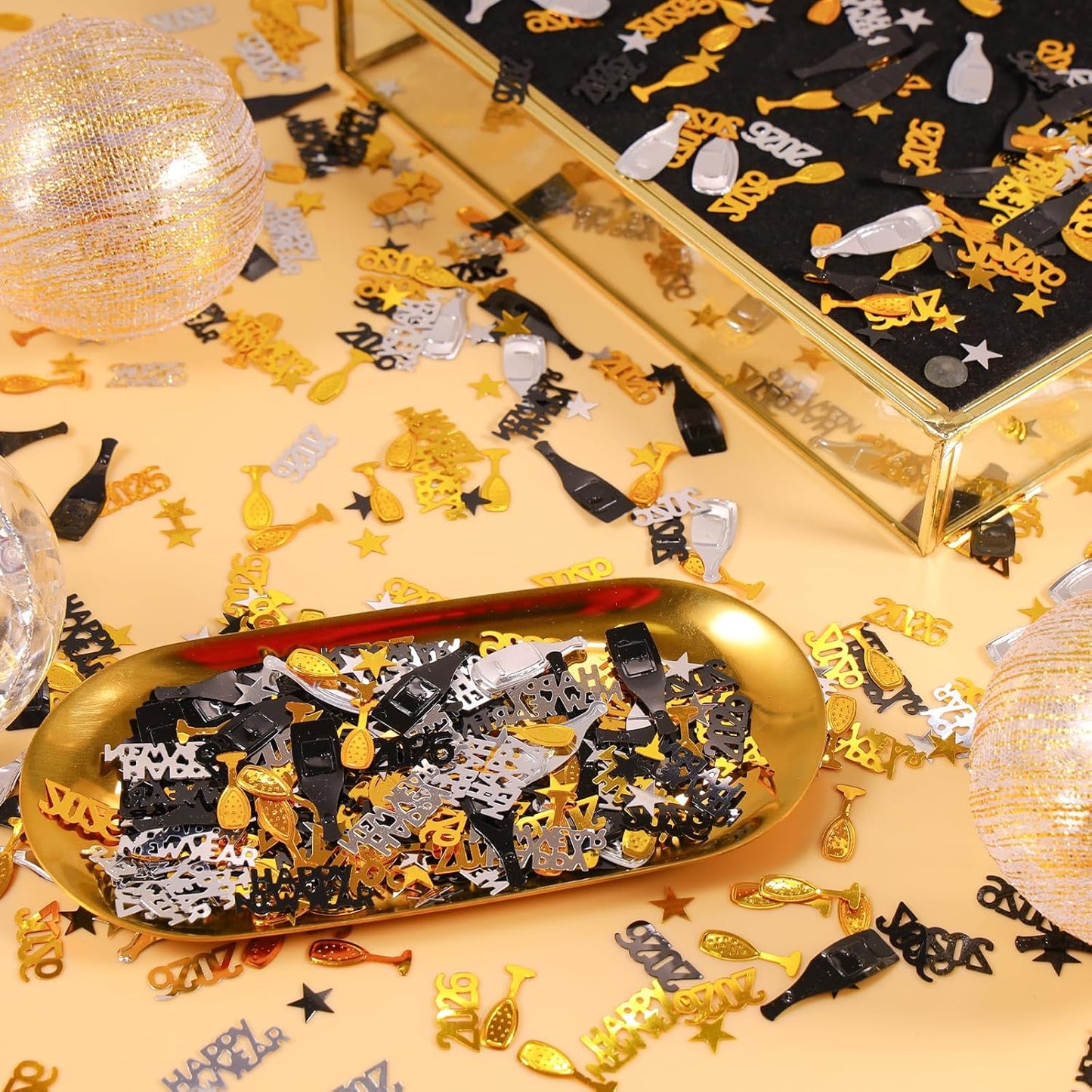 Happy New Year 2026 Confetti, Gold Black and Silver Star Wine Bottle Sprinkles Table Scatter Confetti for New Years Eve Decorations