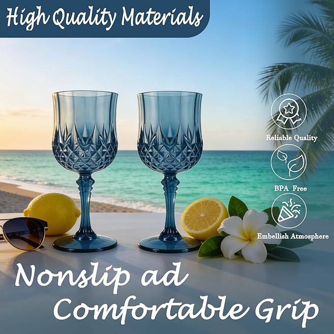 Plastic Wine Glasses, Plastic Goblets Vintage Style Cordial Unbreakable Drinking Glasses, Reusable Drinkware for Wedding Reception, Grand Event Party Supplies, Easter (12, Navy Blue)