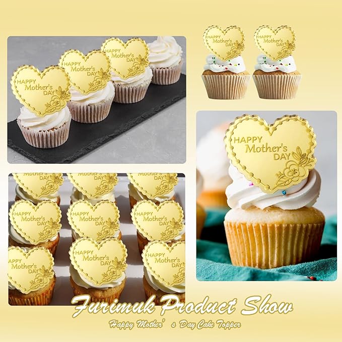 Furimuk 20 Pcs Mother's Day Heart Cake Topper, Gold Acrylic Mirror, Happy Mother's Day Cake Topper, Cupcake Decorations