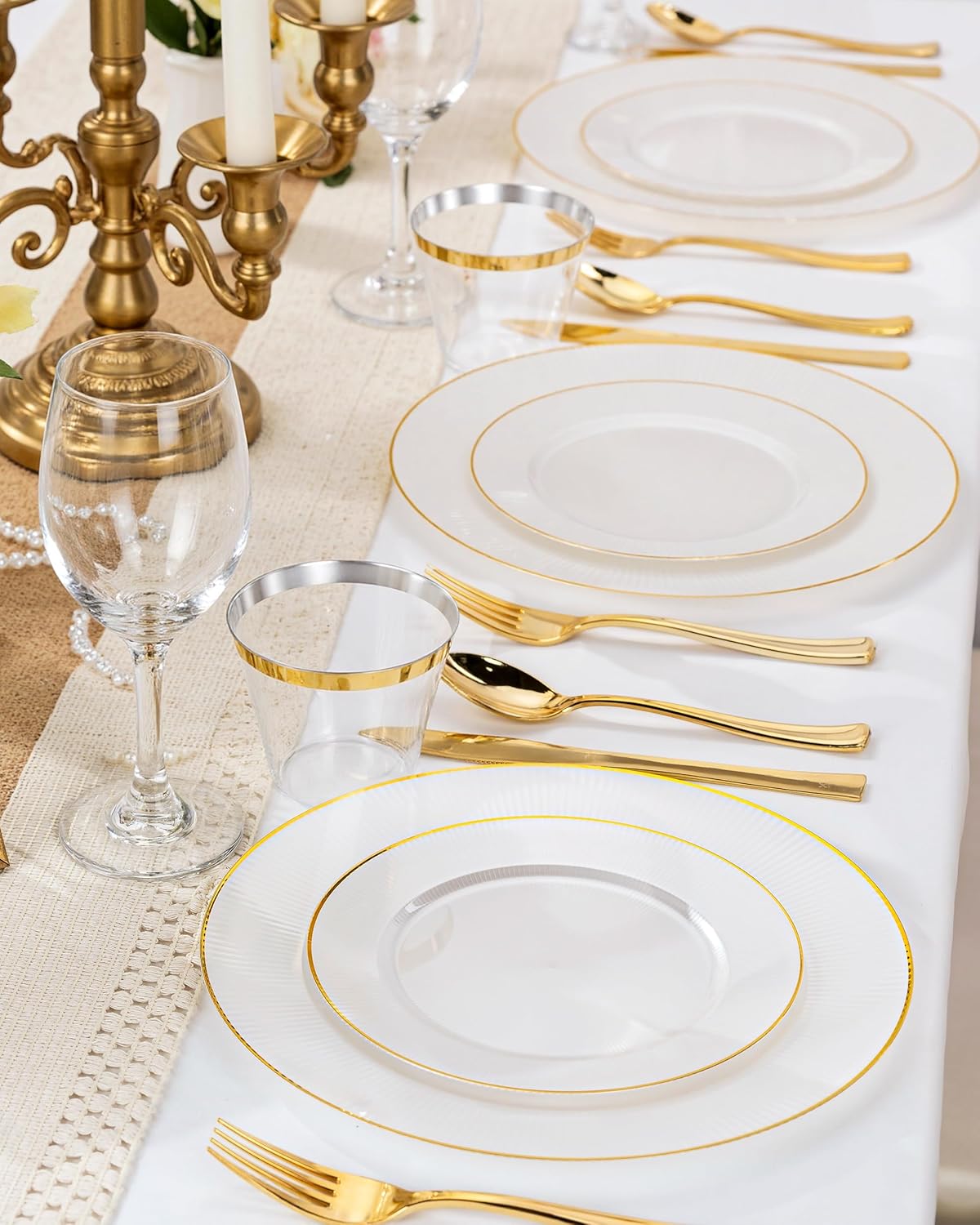 Hioasis 60pcs White and Gold Plastic Plates - White Disposable Dinnerware Set, 30pcs Dinner 10.25in & 30pcs Dessert 7.5in Plates with Striped Designs for Party & Thanksgiving