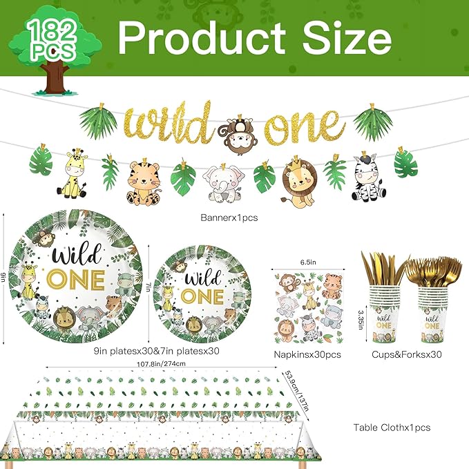 Wild One Birthday Decorations,182pcs Jungle Safari Theme Party Supplies,Includes Plates Napkins Cutlery Tablecloth and Banner,for Baby Shower or Boys 1st Birthday Party,Serve 30 Guests