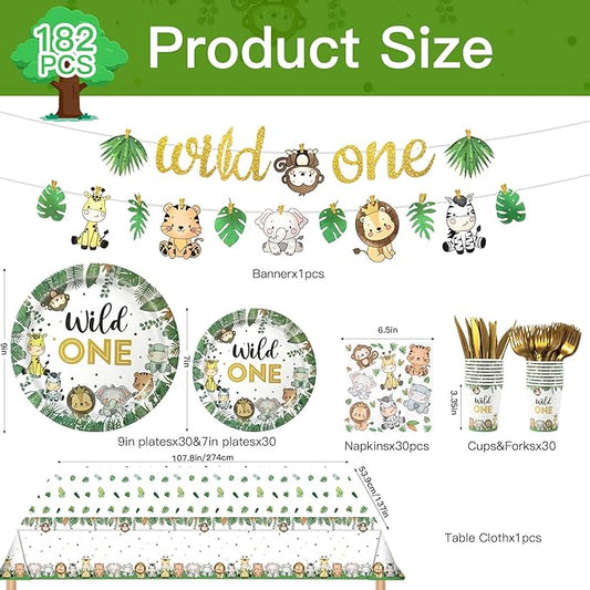 Wild One Birthday Decorations,182pcs Jungle Safari Theme Party Supplies,Includes Plates Napkins Cutlery Tablecloth and Banner,for Baby Shower or Boys 1st Birthday Party,Serve 30 Guests