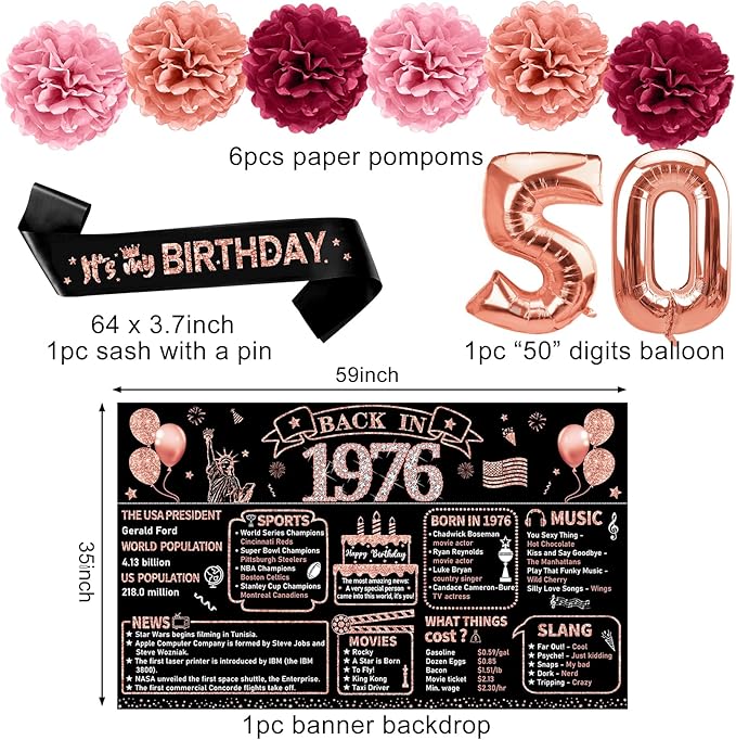 Zirtorei 50th Birthday Decorations for Women, 21pcs the Year 1976 Banner Balloon Party Supplies, Rose Gold 50 Year Old Birthday Backdrop, 50 Bday Honeycomb Centerpiece Hanging Swirls Sash Gifts