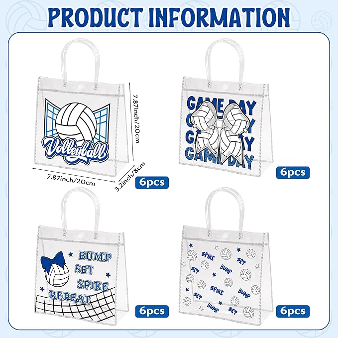 H1vojoxo Volleyball Goodie Gift Bags - 24PCS Volleyball Clear PVC Gift Bags for Team with Handle Bulk Reusable Sport Party Favors Team Birthday Gifts Bag Treat Snack Bag End of Season Gifts Bag