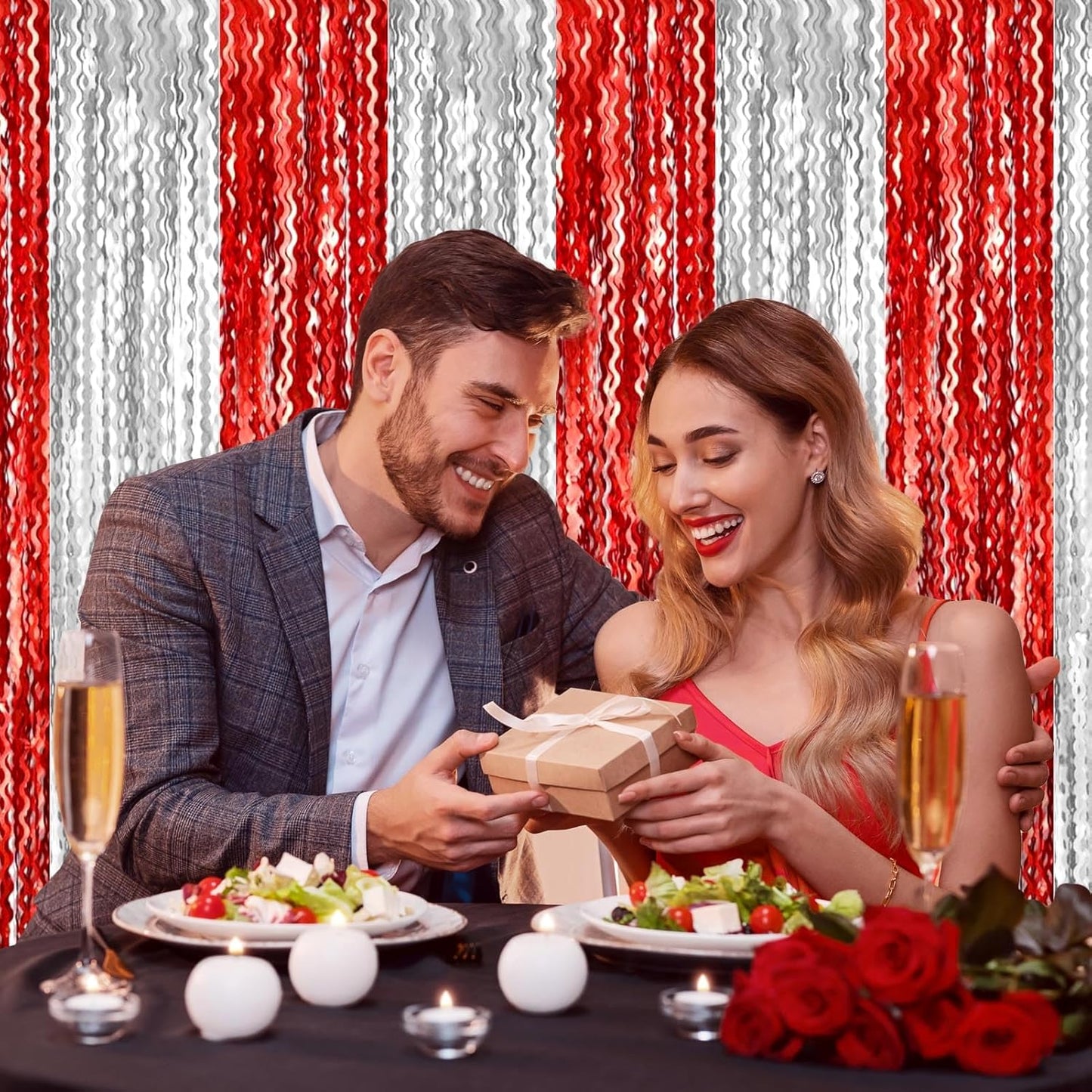 4 Pack Red Silver Fringe Curtain Backdrop 3.2Ft x 8.2Ft Metallic Tinsel Foil Fringe Streamers Background for Photo Booth Mother's Day, Easter, Carnival, Birthday, Wedding Party Decoration
