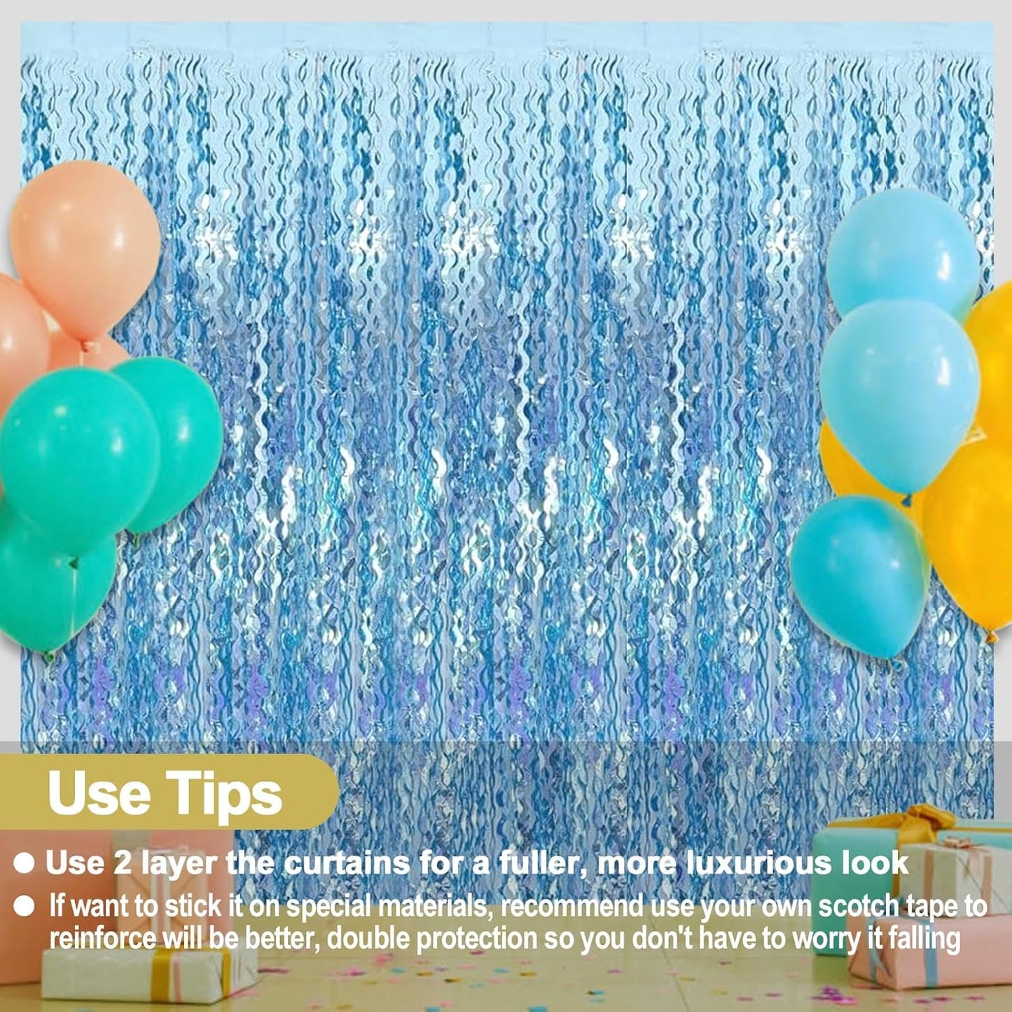 4 Pack Light Blue Fringe Curtain Backdrop 3.2Ft x 8.2Ft Metallic Tinsel Foil Fringe Streamers Background for Photo Booth Mother's Day, Easter, Carnival, Birthday, Wedding Party Decoration