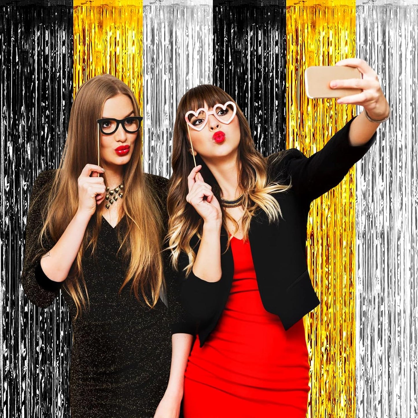 4 Pack Black Gold Silver Foil Fringe Curtain Backdrop, 3.28Ft x 6.56Ft Metallic Tinsel Foil Fringe Streamers for Photo Booth, Wedding, Notorious One Birthday Roaring 20s Graduation Party Decoration