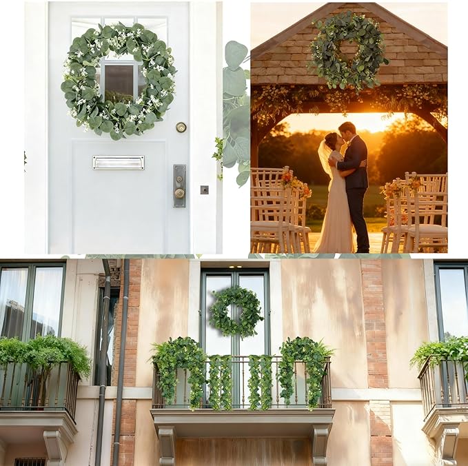 4 Packs 5.74 Ft Artificial Eucalyptus Garland Leaves with Flowers Artificial Fake Greenery Hanging Vines for Wedding Table Home Stairs Decor Decorations Garland for Mantle