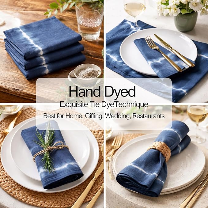 FINGERCRAFT Cloth Napkins Set of 6 Cotton Blend Tie Dye 20x20 Inch Large Size Dinner Napkins Cloth Perfect for Parties Dinners Weddings Cocktail Christmas Easter Royal Blue Lines
