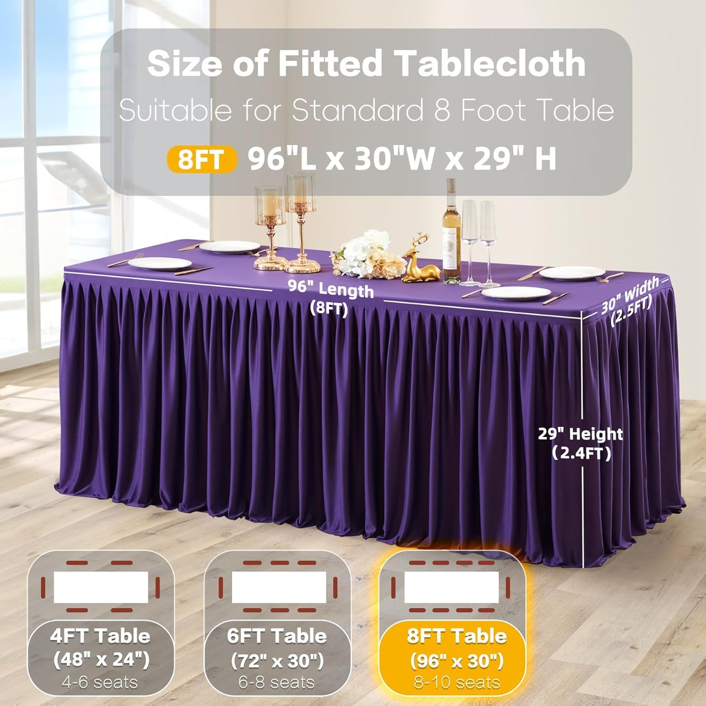 Dark Purple Polyester Table Clothes for 8 Foot Rectangle Tables, Wrinkle Free Fitted Table Cover with Pleated Ruffle Table Skirt for Birthday Party Wedding Trade Show Event Display