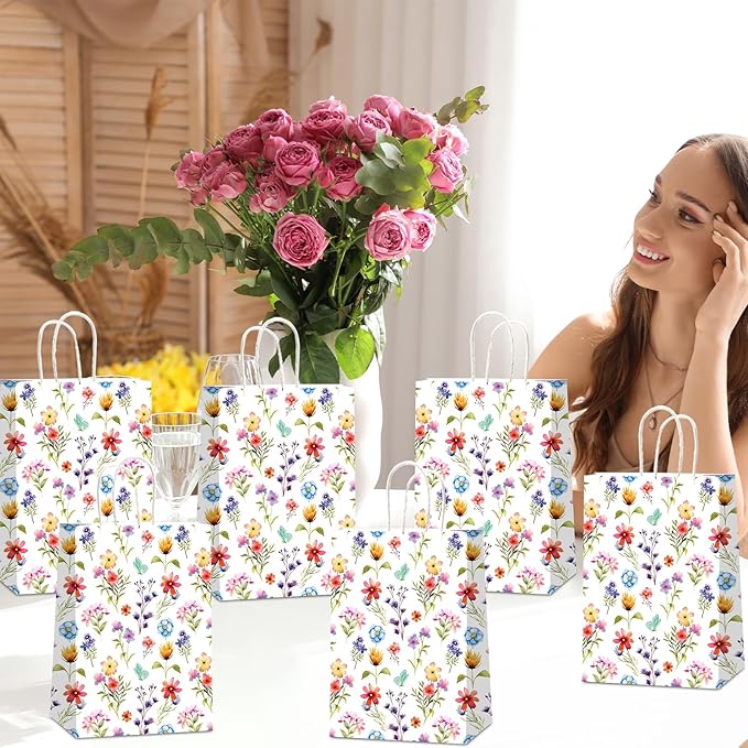 CHUNNIN 24PCS Wildflower Party Paper Bags Floral Flower Treat Bags Wildflower Paper Treat Goodies Bag for Spring Summer Decorations Birthday Tea Party Favors Bridal Shower Wedding Supplies