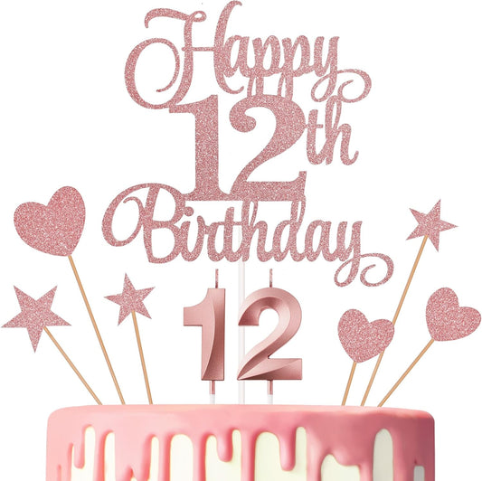 12th Birthday Cake Decorations, 12th Birthday Candles Cake Numeral Candles and Glitter Happy 12th Birthday Cake Toppers Set for Birthday Party Supplies (Rose Gold)