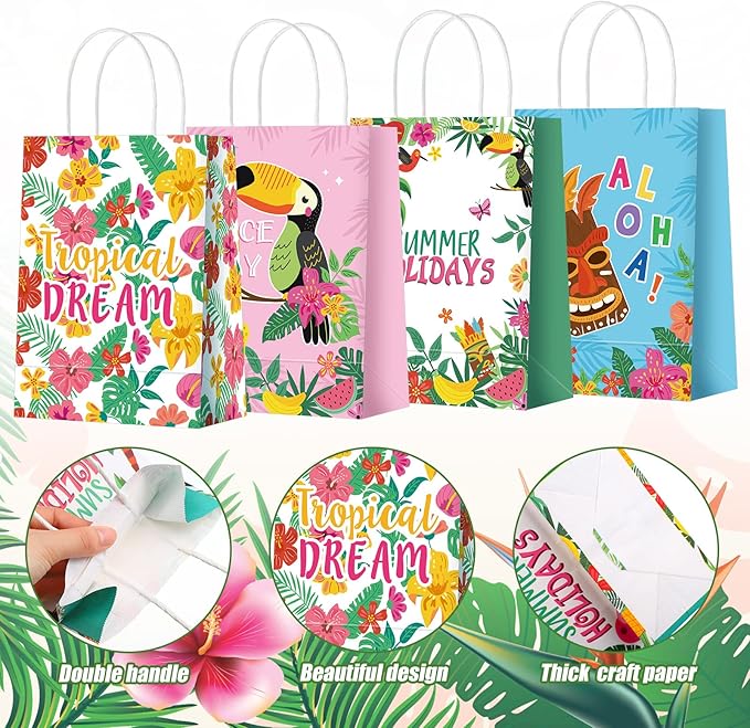 Outus 24 Pcs Summer Hawaiian Party Favor Bags Tropical Goodie Gift Paper Bags with Handles Aloha Tiki Luau Palm Leaves Flamingo Treat Candy Pouch for Summer Party Birthday Decor Baby Shower Supplies
