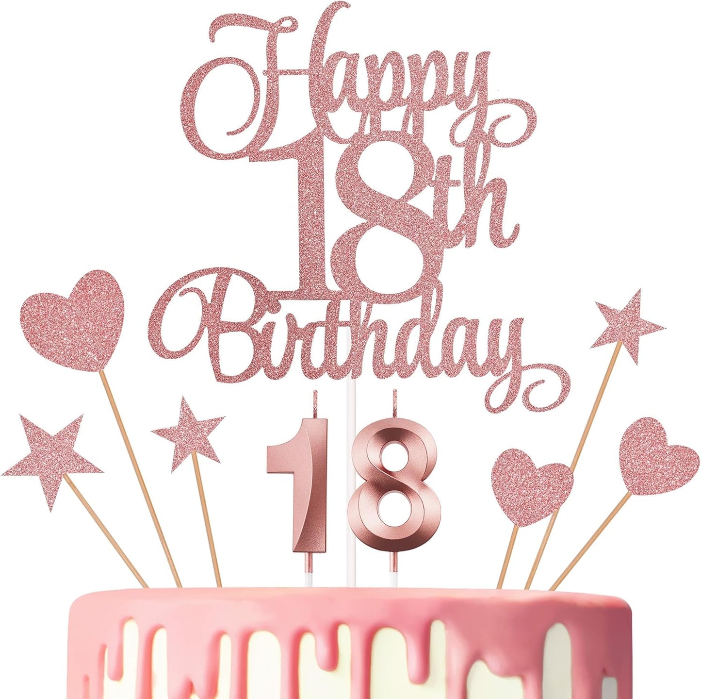 18th Birthday Cake Decorations, 18th Birthday Candles Cake Numeral Candles and Glitter Happy 18th Birthday Cake Toppers Set for Birthday Party Supplies (Rose Gold)