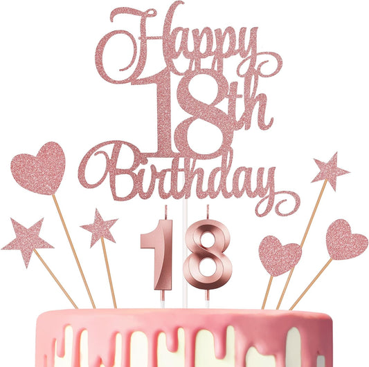 18th Birthday Cake Decorations, 18th Birthday Candles Cake Numeral Candles and Glitter Happy 18th Birthday Cake Toppers Set for Birthday Party Supplies (Rose Gold)