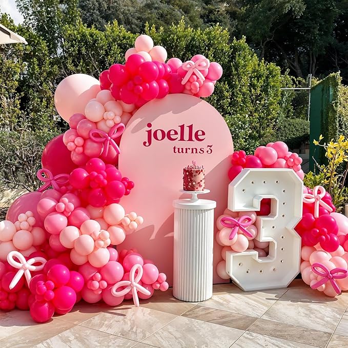Hot Pink Balloons Arch Kit,Bow Balloon Garland with Pastel Pink Long Balloons for Birthday Party Mother's Day Baby Shower Anniversary Wedding Decorations