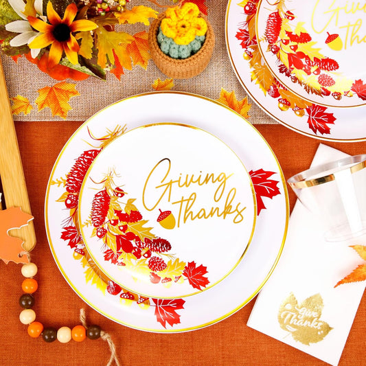 Hioasis 175pcs Thanksgiving Plastic Plates - White and Gold Disposable Plates include 25 Dinner Plates-25 Dessert Plates-25 Knives-25 Forks-25 Spoons-25 Cups-25 Napkins for Thanksgiving Party