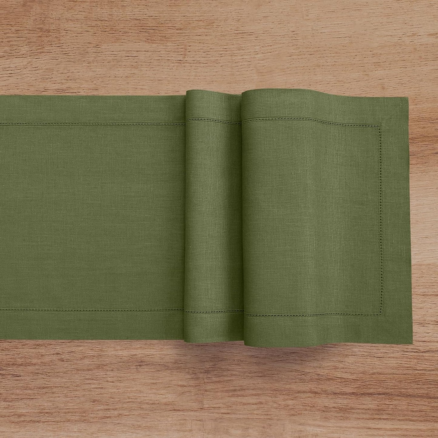 Solino Home Linen Table Runner 36 Inches - 100% Pure Linen Olive Hemstitch Table Runner 14 x 36 Inch Ideal for Dresser and Coffee Tables - Classic Hemstitch - Thanksgiving