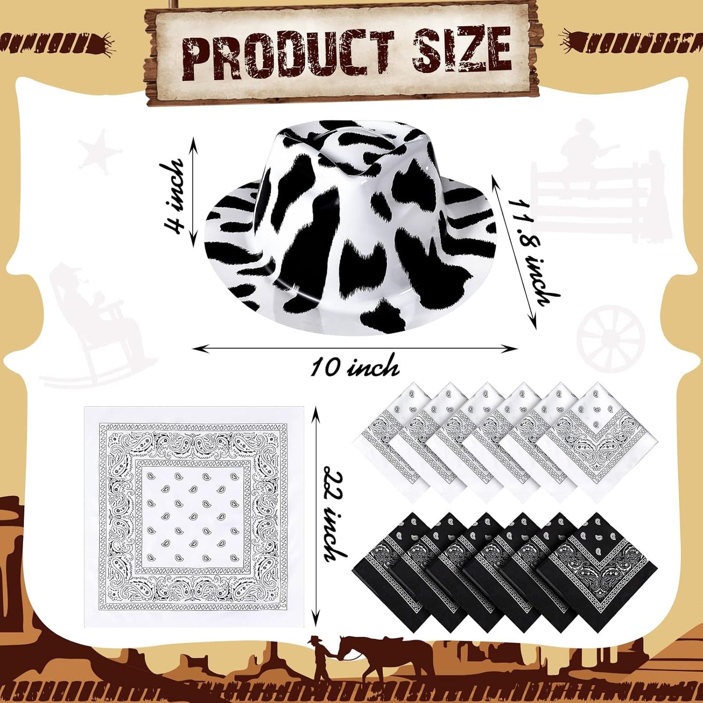 Haysandy 24 Pcs Cow Print Cowgirl Cowboy Hats Bulk with Bandana Felt Cow Party Hats for Women Men Western Costume Party (Black)