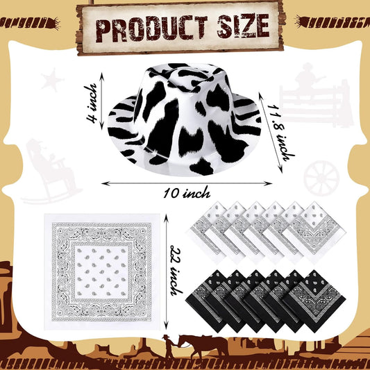 Haysandy 24 Pcs Cow Print Cowgirl Cowboy Hats Bulk with Bandana Felt Cow Party Hats for Women Men Western Costume Party (Black)
