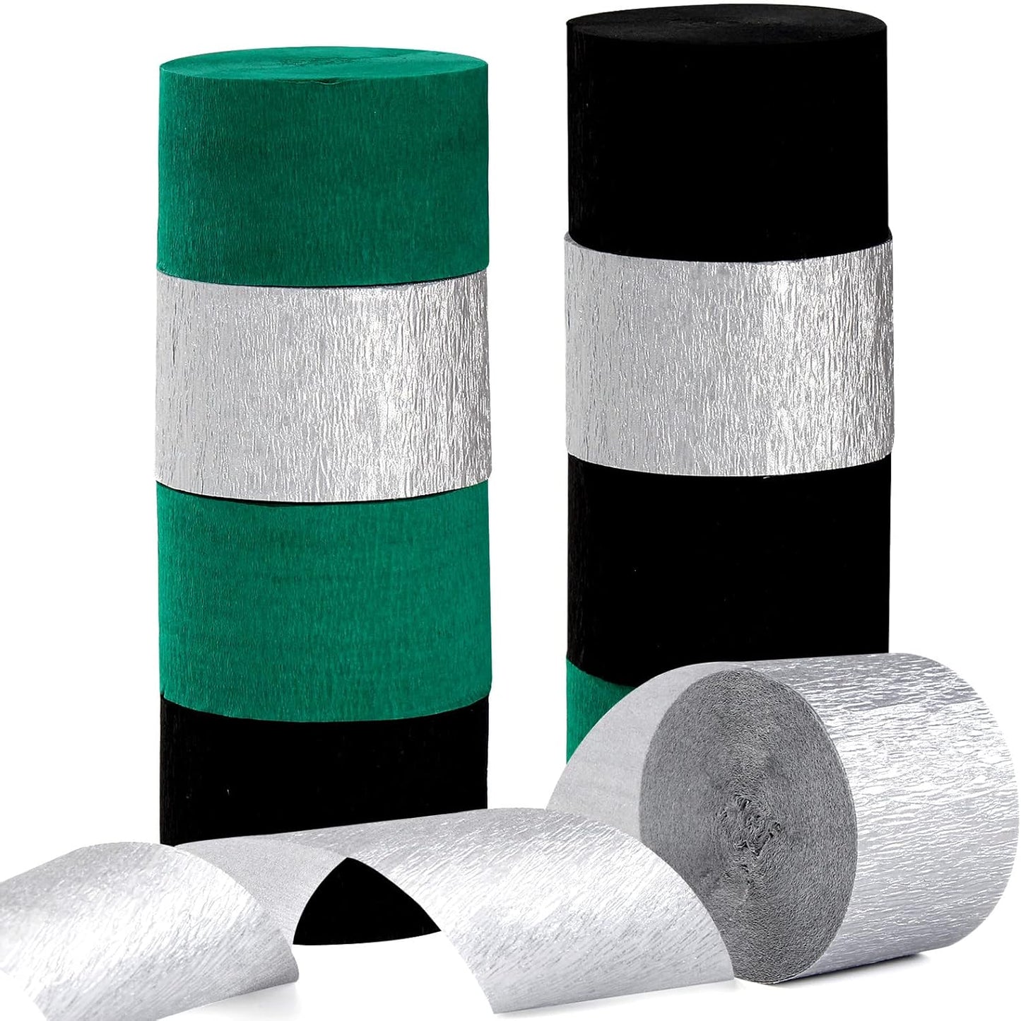 Black Green Silver Party-Decorations Streamers - 9 Rolls Graduation Wedding Men Boys Birthday Baby Bridal Shower Crepe Tissue Paper Streamer Soccer Party Supplies Garland Decor Panduola