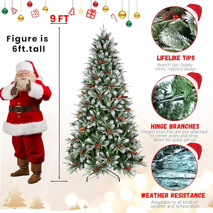 9FT Frosted Artificial Christmas Tree with 3750 PE+PVC Branch Tips, Realistic Unlit Christmas Tree with Red Berry and Pine Cone, Memory Wire Hinged Full Xmas Tree with Metal Base for Party, Holiday