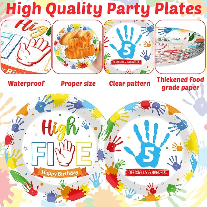 96Pcs Hi Five Birthday Party Supplies Colorful High 5 Year Old Birthday Paper Plates Napkins Hi FIVE Party Decorations Kids Girls Boys 5 Years Old Dinnerware Favor Tableware Serves 24