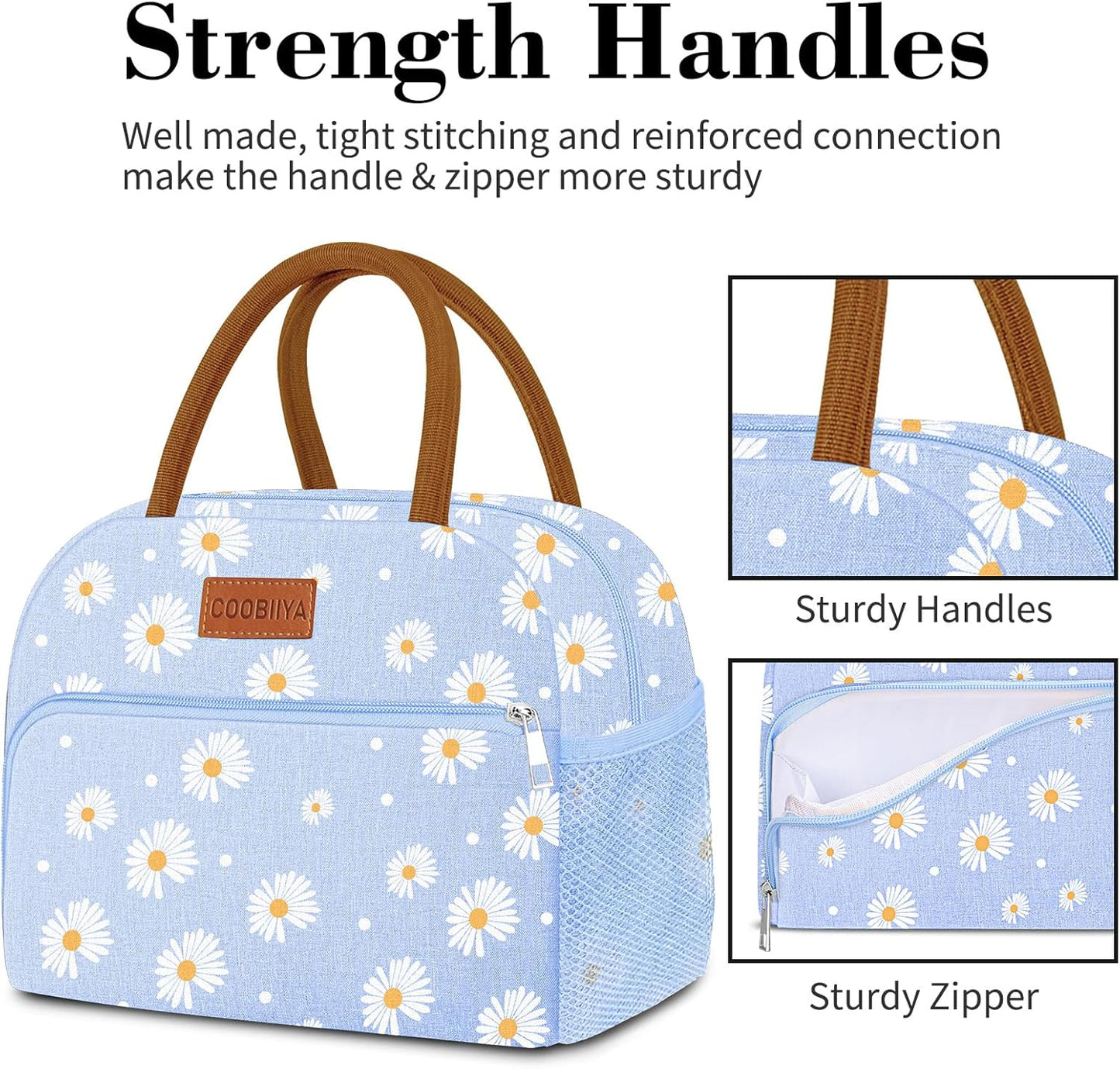 Coobiiya Lunch Bag Lunch Box for Women Men, Reusable Cute Lunchbag - Leakproof, Adult Insulated Lunch Box Tote with Large Capacity, Cooler Container for Work, Travel, Office (Blue Daisy)