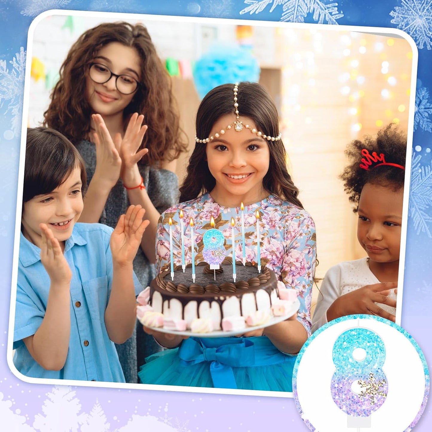 MTLEE Number 8 Birthday Candle Blue Snowflake with 6 Long Thin Cupcake Candles Blue Sparklers Glitter Number Happy Birthday Cake Topper Decorations for Winter Party Supplies